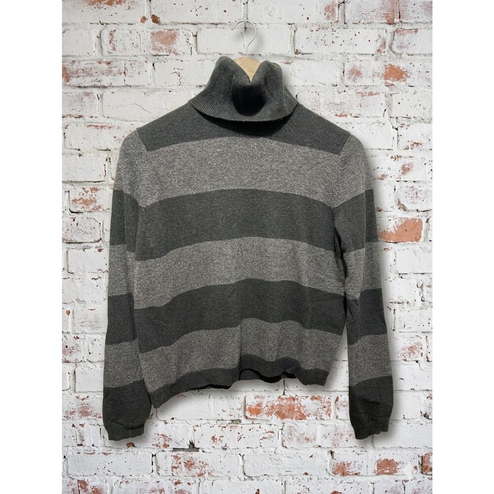 Theory Dark Academy Striped Turtleneck Wool Cashmere Sweater Quiet Luxury grey